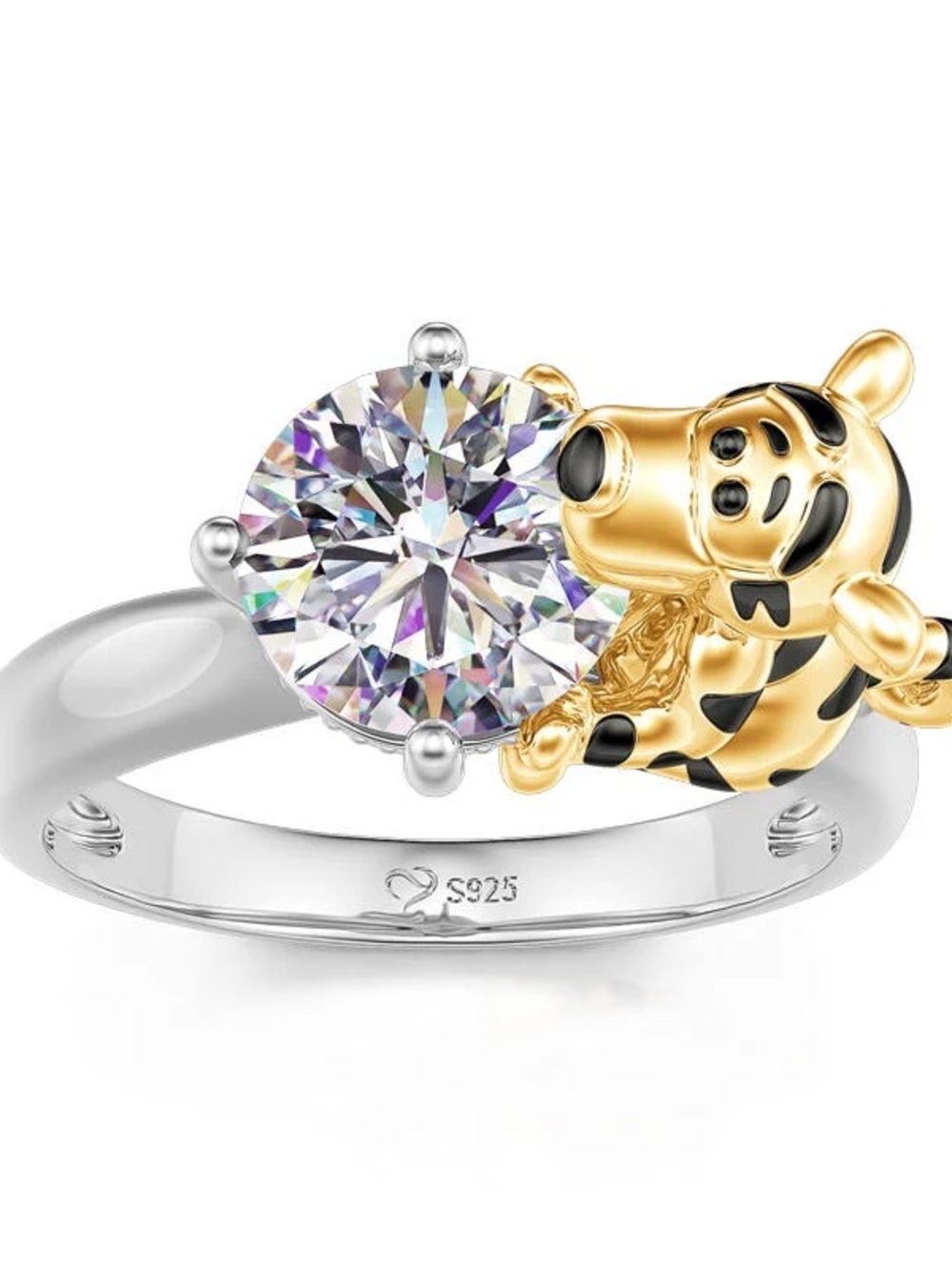 Gold and Silver Cubic Zirconia Bear Accent Ring - Women Jewelry